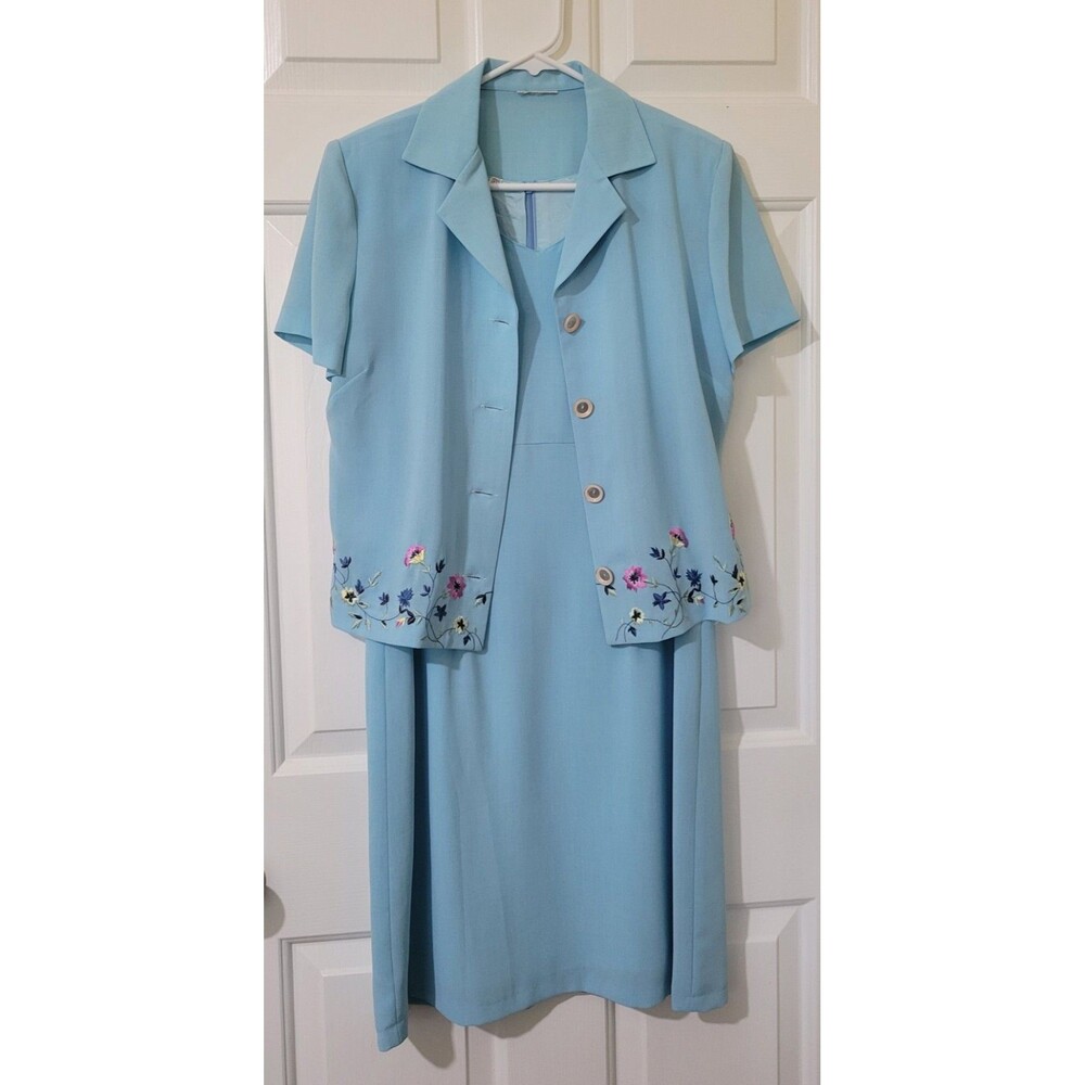 Vintage Pastel Blue Floral Embroidered Dress and Jacket Set Church Modest 90s